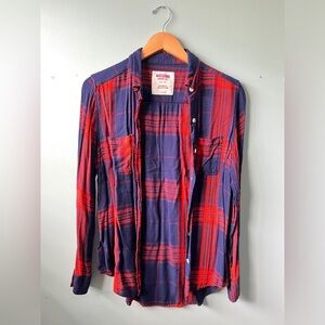 Mossimo Supply Co. Orange-Red and Navy Plaid Shirt women’s small boyfriend fit
